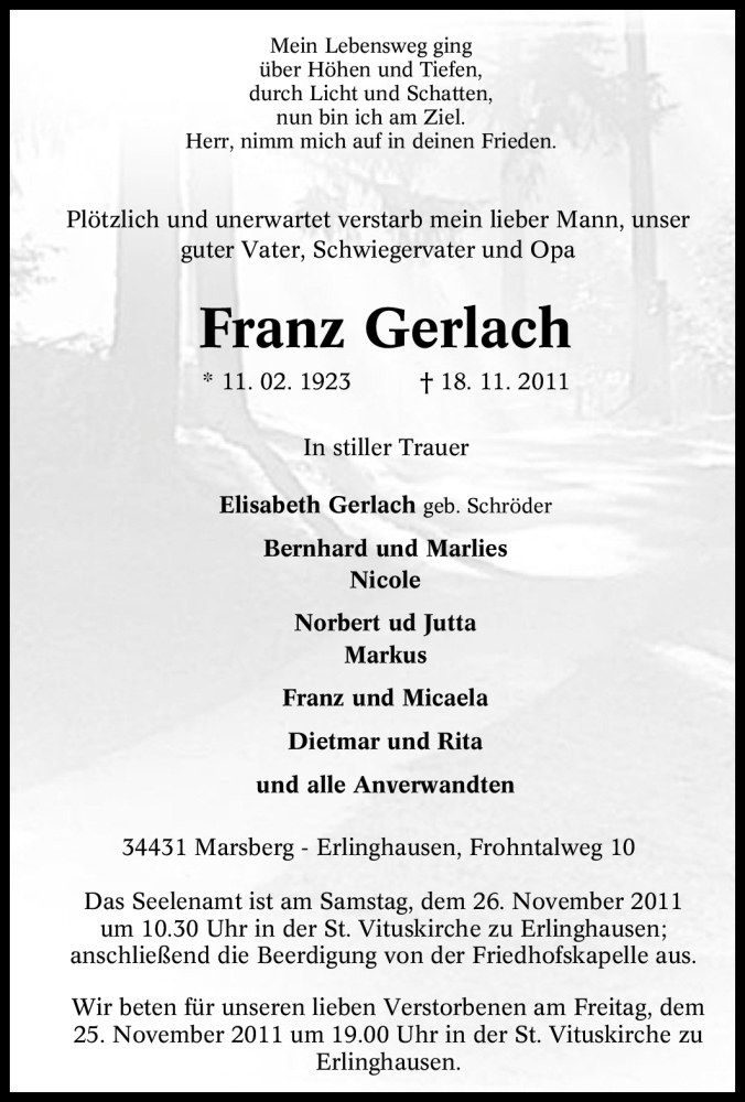  Traueranzeige für Franz Gerlach vom 21.11.2011 aus Tageszeitung