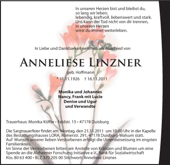 Traueranzeige von Anneliese Linzner von Tageszeitung