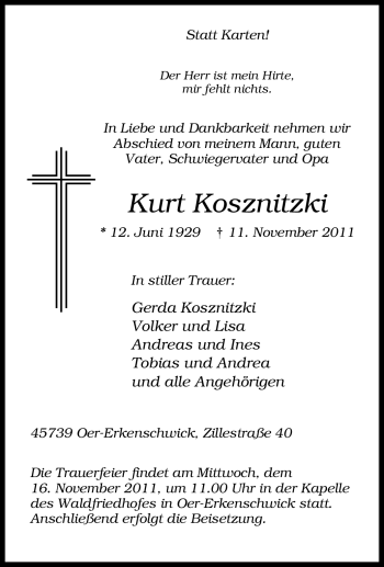 Traueranzeige von Kurt Kosznitzki von Tageszeitung