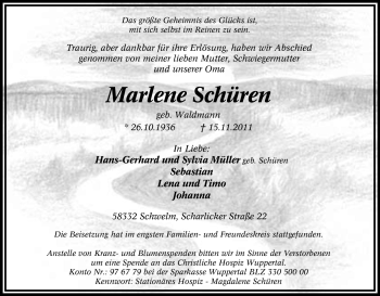 Traueranzeige von Marlene Schüren von Tageszeitung
