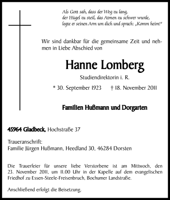 Traueranzeige von Hanne Lomberg von Tageszeitung
