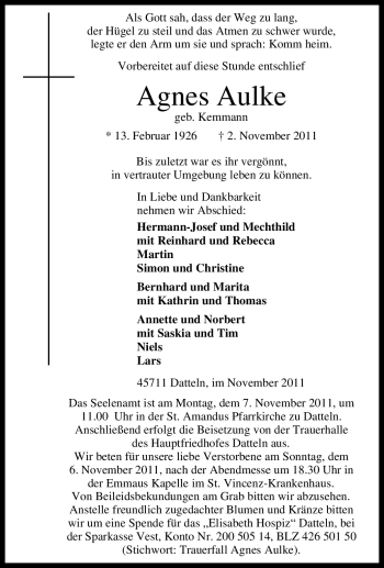 Traueranzeige von Agnes Aulke von Tageszeitung