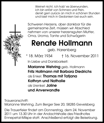 Traueranzeige von Renate Hollmann von Tageszeitung