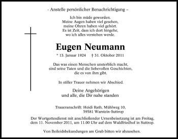 Traueranzeige von Eugen Neumann von Tageszeitung