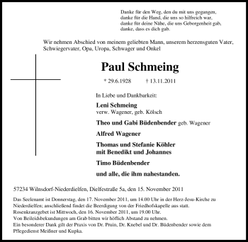 Traueranzeige von Paul Schmeing von Tageszeitung