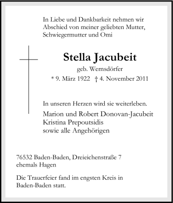 Traueranzeige von Stella Jacubeit von Tageszeitung