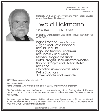 Traueranzeige von Ewald Eickmann von Tageszeitung