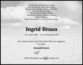 Traueranzeige von Ingrid Braun von Tageszeitung