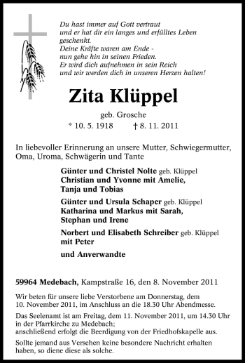 Traueranzeige von Zita Küppel von Tageszeitung
