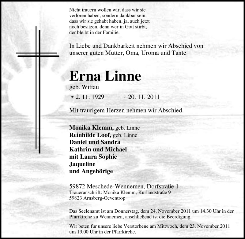  Traueranzeige für Erna Linne vom 21.11.2011 aus Tageszeitung