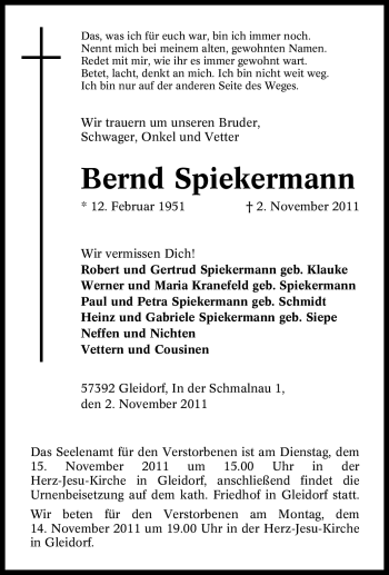 Traueranzeige von Bernd Spiekermann von Tageszeitung