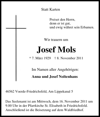 Traueranzeige von Josef Mols von Tageszeitung