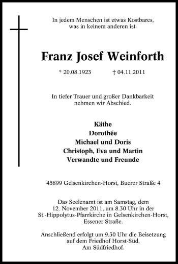 Traueranzeige von Franz Josef Weinforth von Tageszeitung
