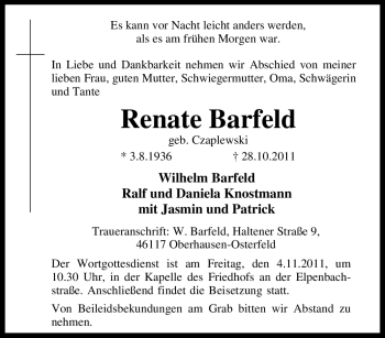 Traueranzeige von Renate Barfeld von Tageszeitung