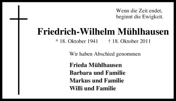Traueranzeige von Friedrich-Wilhelm Mühlhausen von Tageszeitung