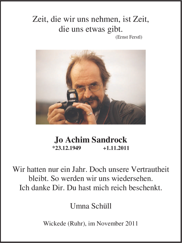  Traueranzeige für Jo Achim Sandrock vom 09.11.2011 aus Tageszeitung