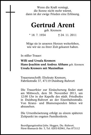 Traueranzeige von Gertrud Arent von Tageszeitung