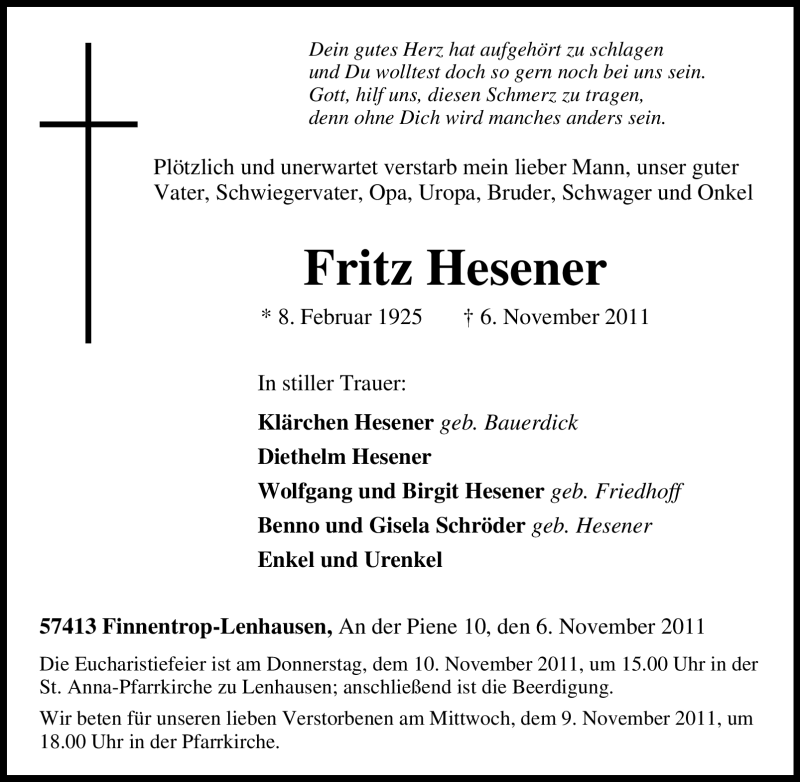 Traueranzeige für Fritz Hesener vom 08.11.2011 aus Tageszeitung