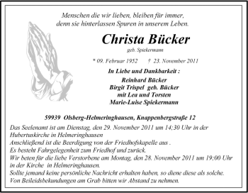 Traueranzeige von Christa Bücker von Tageszeitung