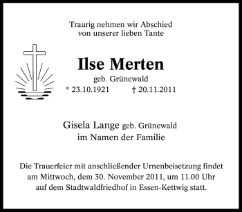 Traueranzeige von Ilse Merten von Tageszeitung