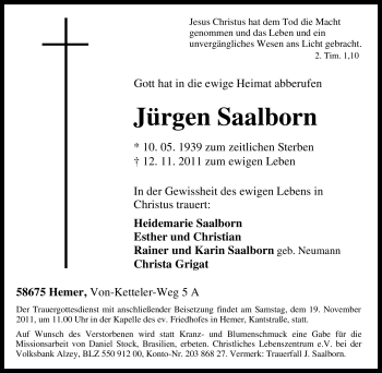 Traueranzeige von Jürgen Saalborn von Tageszeitung