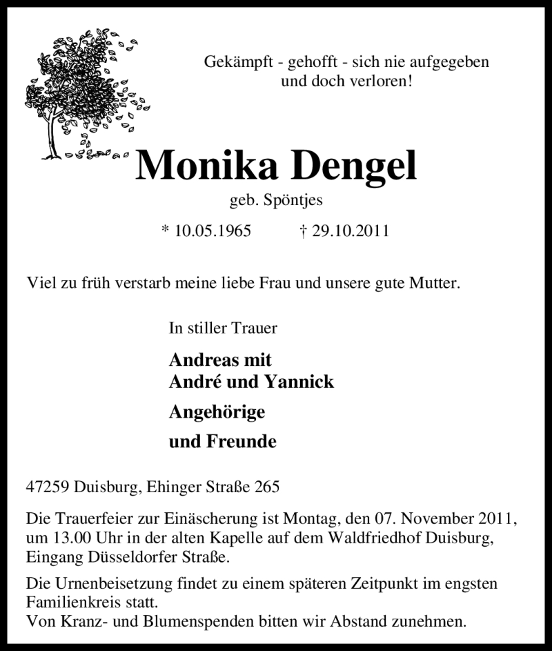  Traueranzeige für Monika Dengel vom 03.11.2011 aus Tageszeitung