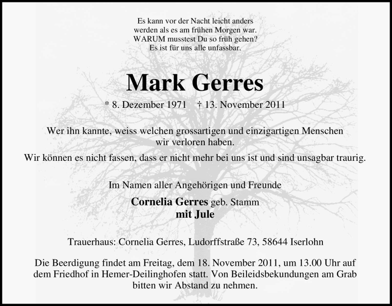  Traueranzeige für Mark Gerres vom 16.11.2011 aus Tageszeitung