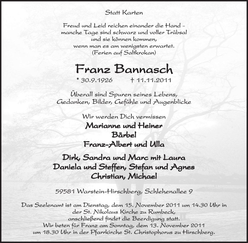  Traueranzeige für Franz Bannasch vom 12.11.2011 aus Tageszeitung