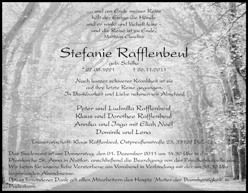  Traueranzeige für Stefanie Rafflenbeul vom 28.11.2011 aus Tageszeitung