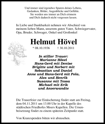 Traueranzeige von Helmut Hövel von Tageszeitung