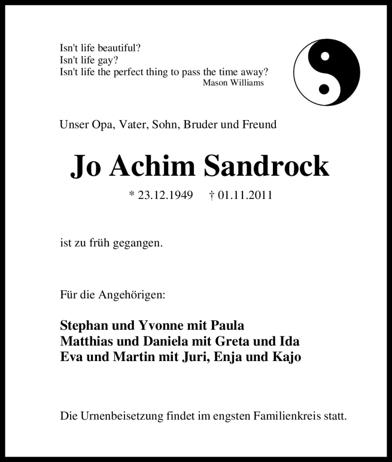  Traueranzeige für Jo Achim Sandrock vom 05.11.2011 aus Tageszeitung