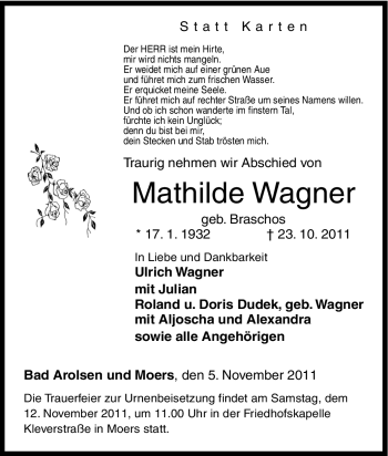 Traueranzeige von Mathilde Wagner von Tageszeitung