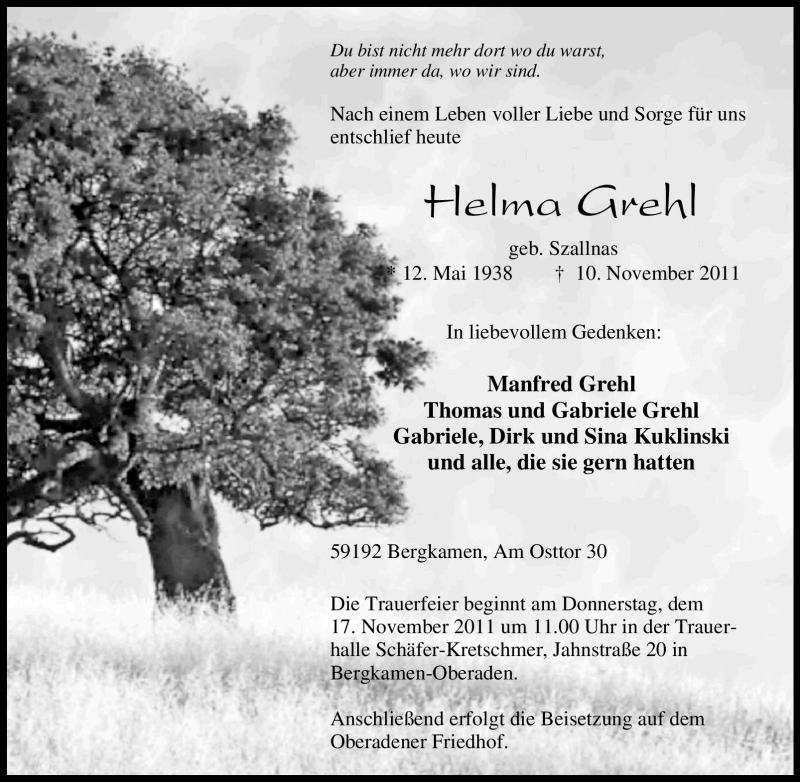  Traueranzeige für Helma Grehl vom 14.11.2011 aus Tageszeitung