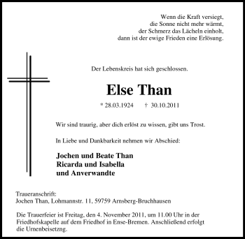 Traueranzeige von Else Than von Tageszeitung