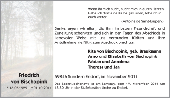 Traueranzeige von Friedrich von Bischopink von Tageszeitung