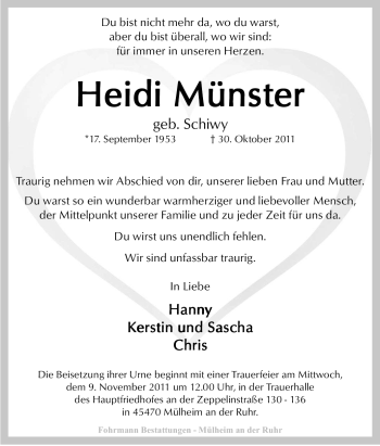 Traueranzeige von Heidi Münster von Tageszeitung