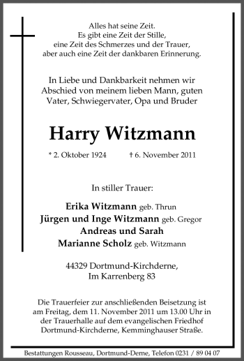 Traueranzeige von Harry Witzmann von Tageszeitung