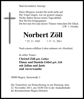 Traueranzeige von Norbert Zöll von Tageszeitung