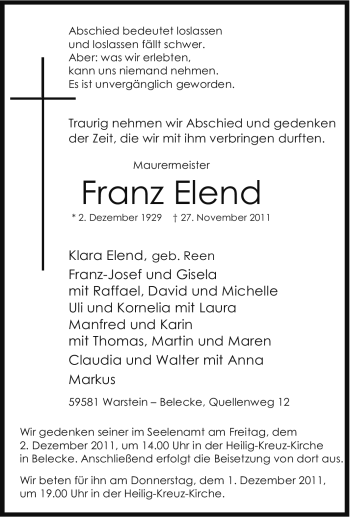 Traueranzeige von Franz Elend von Tageszeitung