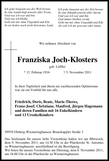 Traueranzeige von Franziska Joch-Klosters von Tageszeitung