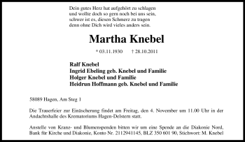 Traueranzeige von Martha Knebel von Tageszeitung