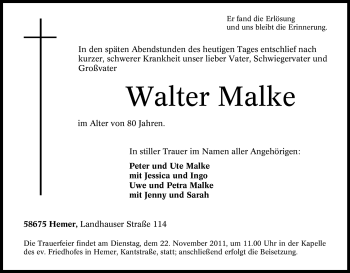 Traueranzeige von Walter Malke von Tageszeitung