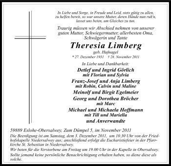 Traueranzeige von Theresia Limberg von Tageszeitung
