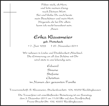 Traueranzeige von Erika Klausmeier von Tageszeitung