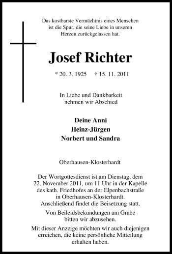 Traueranzeige von Josef Richter von Tageszeitung