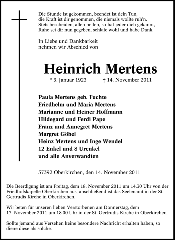 Traueranzeige von Heinrich Mertens von Tageszeitung