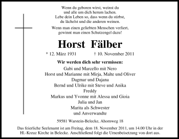 Traueranzeige von Horst Fälber von Tageszeitung