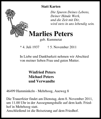 Traueranzeige von Marlies Peters von Tageszeitung