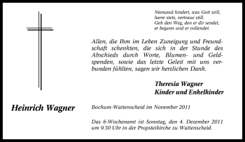 Traueranzeige von Heinrich Wagner von Tageszeitung