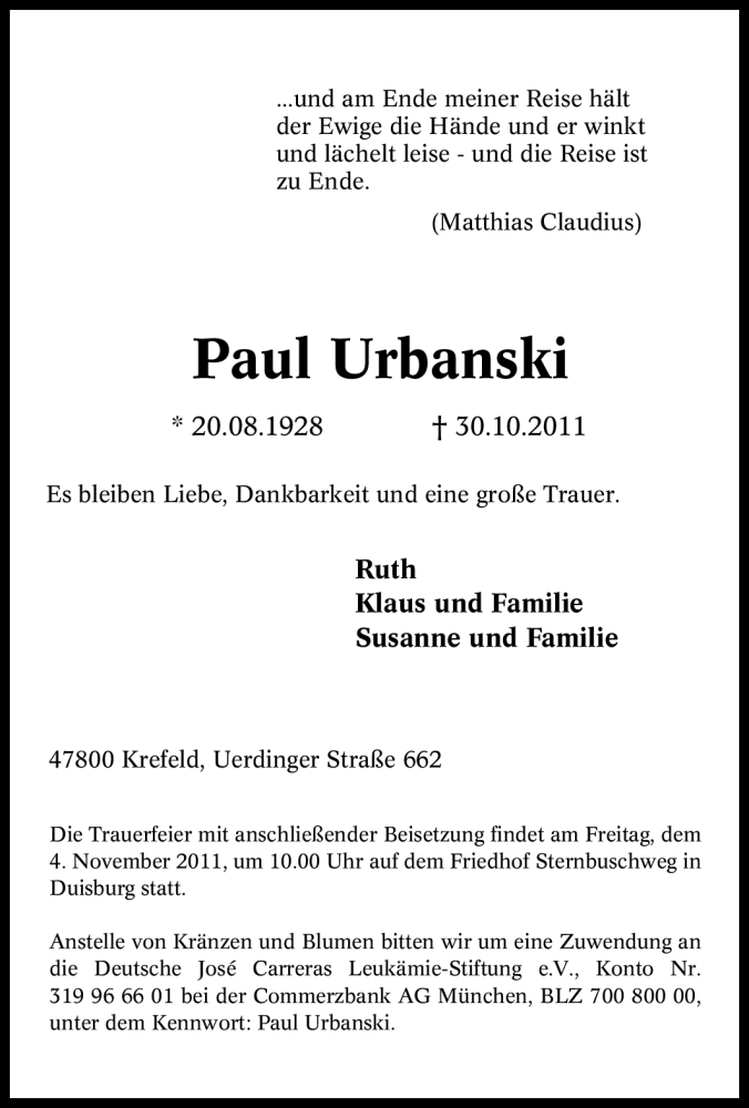  Traueranzeige für Paul Urbanski vom 01.11.2011 aus Tageszeitung